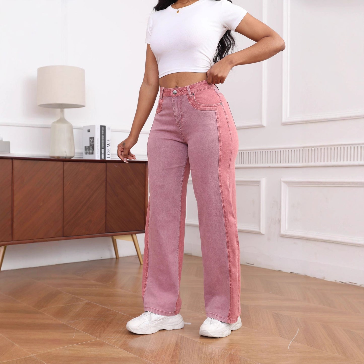 Damen High-Waist Jeans im modernen Farbblock-Design mit weitem Bein Stalluxe