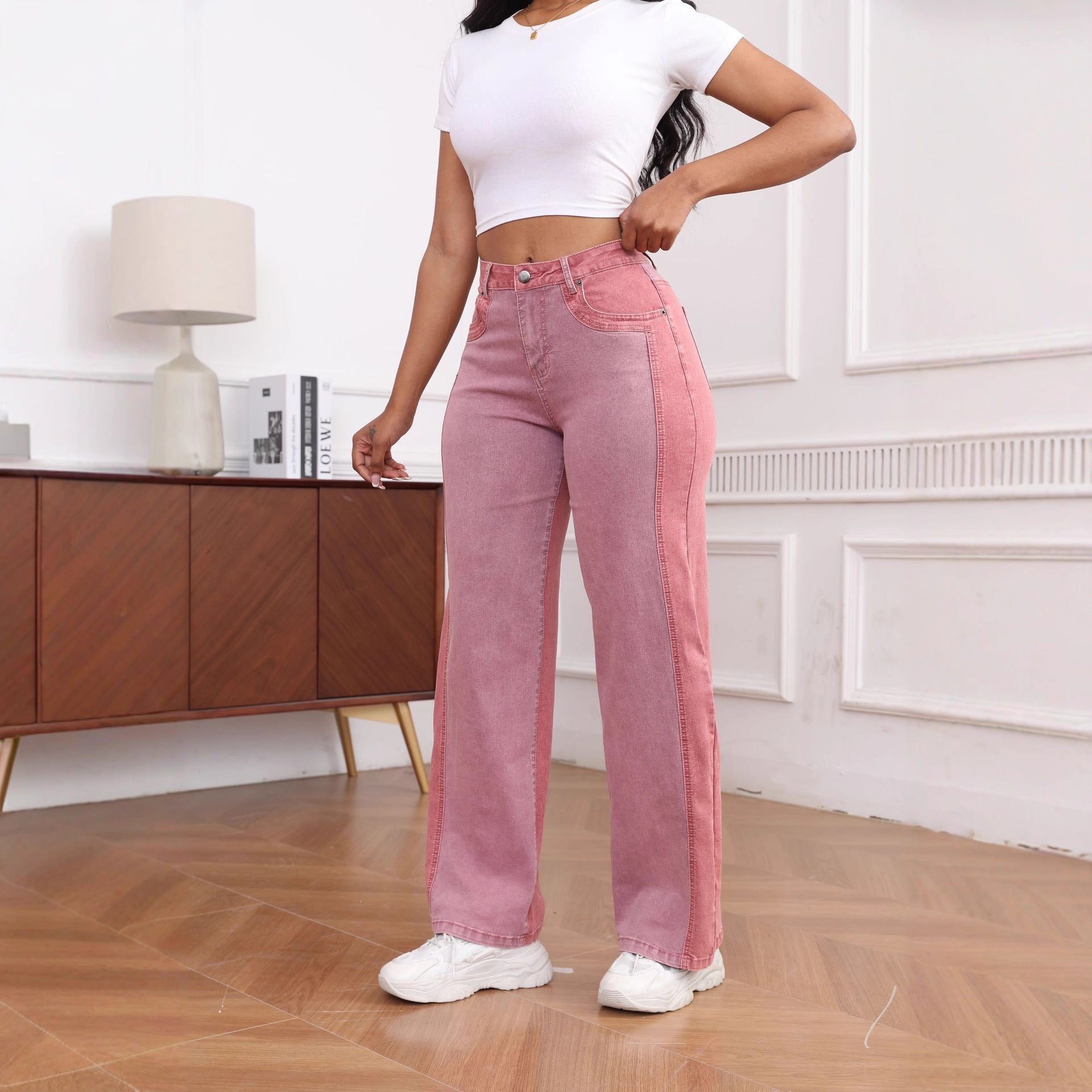 Damen High-Waist Jeans im modernen Farbblock-Design mit weitem Bein Stalluxe