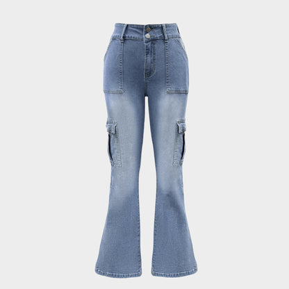 Damen Cargo-Jeans im Flared-Style mit hohen Taschen und doppeltem Knopfverschluss Stalluxe