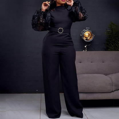 Damen Eleganter Jumpsuit mit transparenten Puffärmeln und tailliertem Gürtel Stalluxe