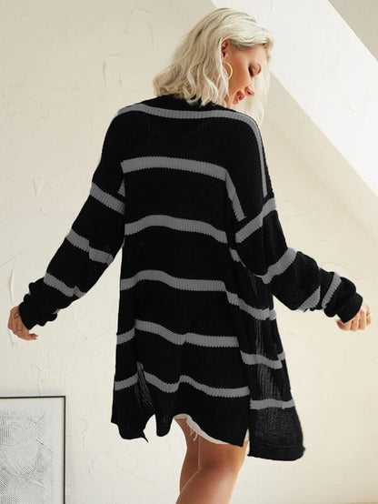 Damen Langer Strickcardigan mit Streifenmuster und offenem Design Stalluxe