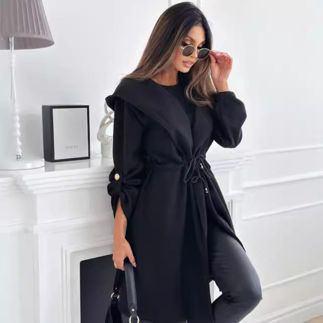 Damen stilvolle und praktische Jacke mit Gürtel und weitem Kragen Stalluxe Schwarz