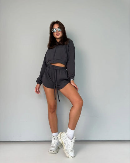 Damen lässige Kapuzensweatshirt und Shorts Set Stalluxe