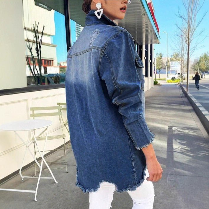 Damen lässige Oversized Denim-Jacke im Used-Look mit fransigen Saum Stalluxe