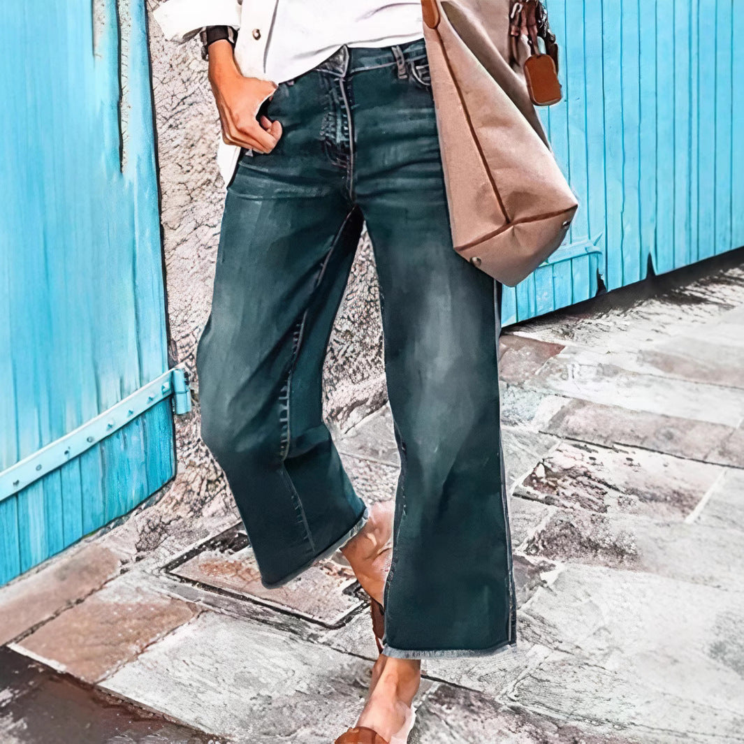Damen Weit geschnittene Jeans mit fransigem Saum und hohem Bund Stalluxe