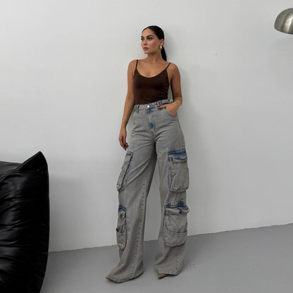 Damen Cargo-Jeans mit hohem Bund und praktischen Taschen Stalluxe