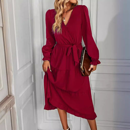 Damen elegantes Wickelkleid mit Rüschendetails und Taillengürtel Stalluxe