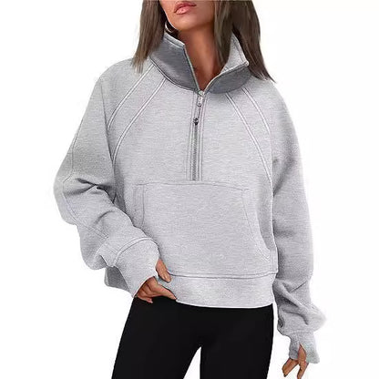 Damen sportlicher Pullover mit halbem Reißverschluss und Kängurutasche Stalluxe
