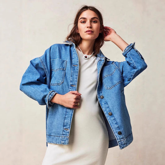 Damen Übergroße Denim-Hemdjacke mit Taschen und flexibler Passform Stalluxe