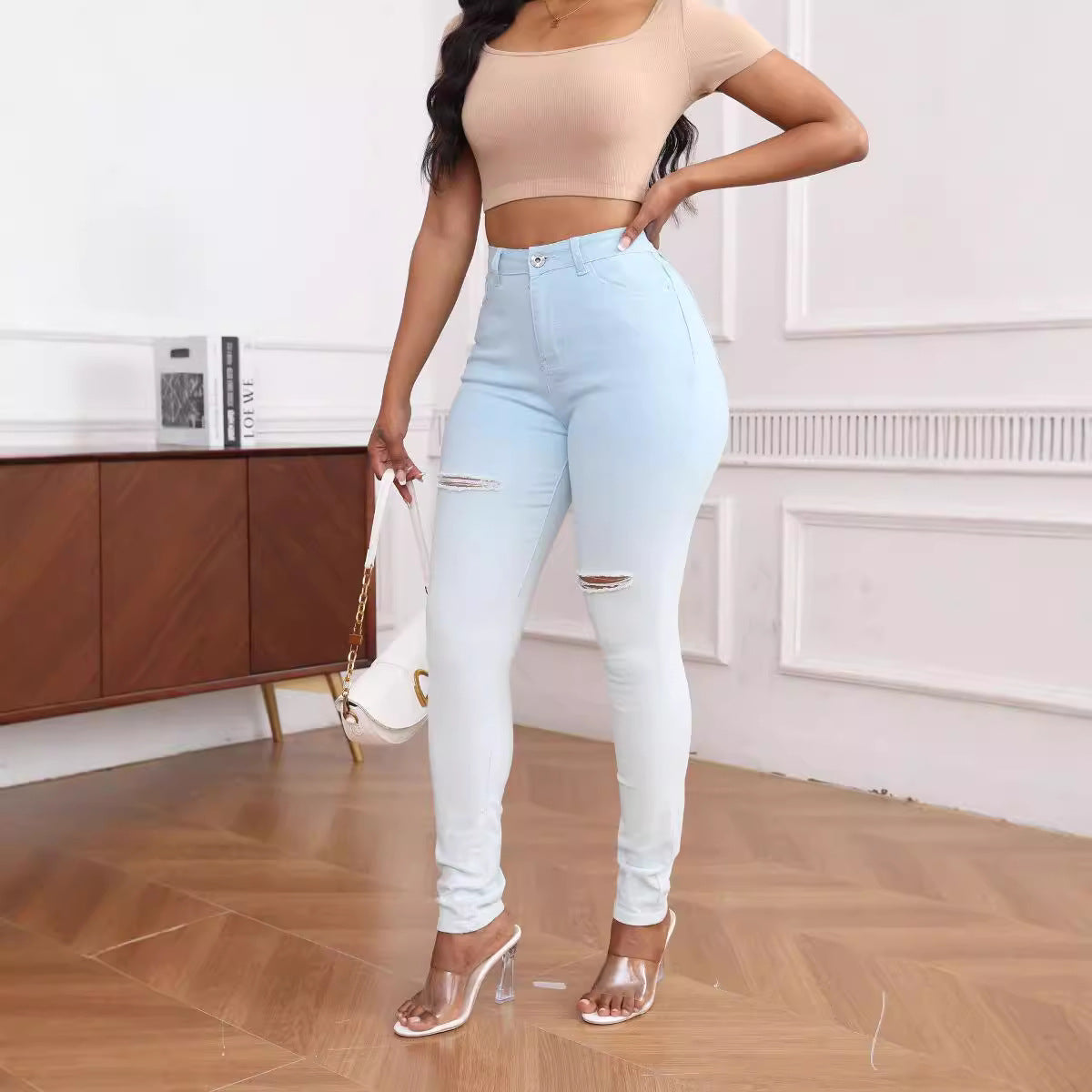 Damen Skinny Jeans mit hohem Bund und modischen Riss-Details Stalluxe