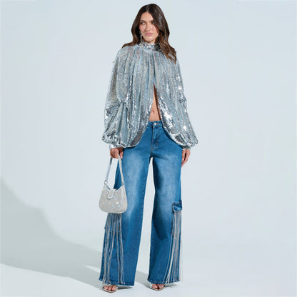 Damen Cargo-Jeans mit Glitzerfransen und tiefen Seitentaschen Stalluxe