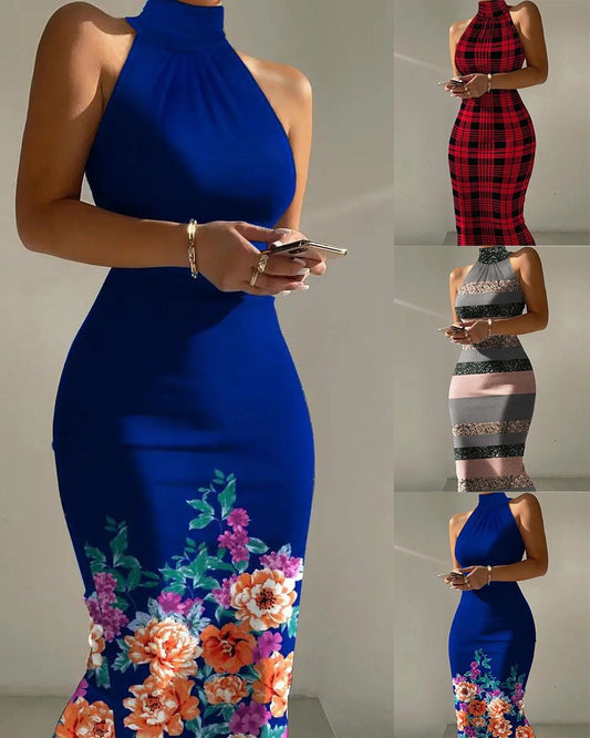 Damen figurbetontes Maxikleid mit hohem Kragen und floralem Saum Stalluxe