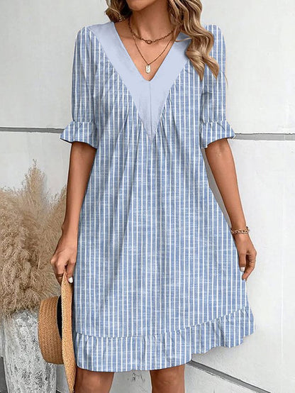 Damen Freizeitkleid mit tiefem V-Ausschnitt und modischen Puffärmeln Stalluxe