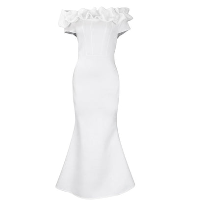 Damen Figurbetontes Abendkleid mit voluminösem Rüschenkragen Stalluxe Weiß