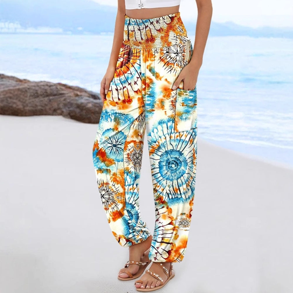 Damen weite Palazzo-Hose mit buntem Paisleymuster und elastischem Bund Stalluxe