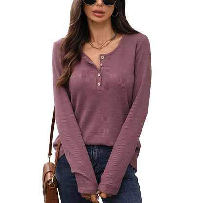Damen Waffelstrick Langarmshirt mit Knopfleiste Stalluxe
