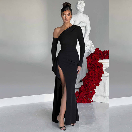 Damen Elegantes Maxikleid mit asymmetrischem One-Shoulder-Design und hohen Beinschlitzen Stalluxe