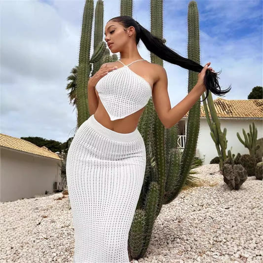 Damen Stricktop mit tiefem Ausschnitt und elastischem Midirock Stalluxe