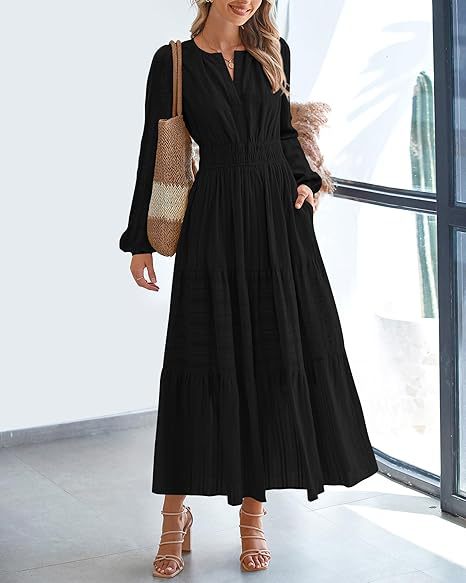 Damen Maxikleid mit eleganten Ärmeln und raffiniertem Taillengummi Stalluxe