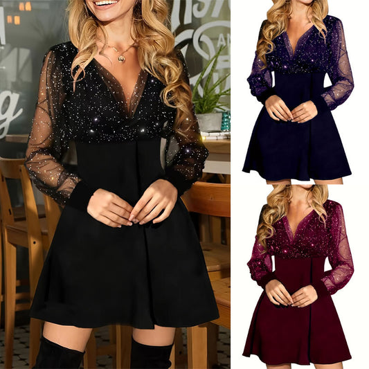 Damen Stylisches A-Linien Partykleid mit Transparenten Langen Ärmeln Stalluxe