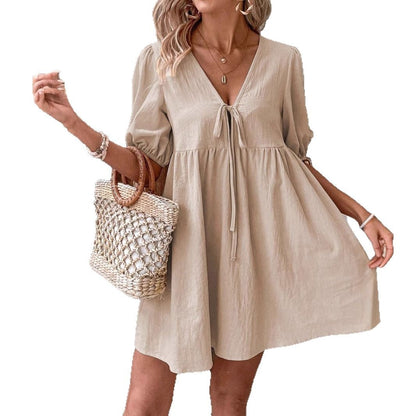Damen luftiges Sommerkleid mit V-Ausschnitt und Raffungen Stalluxe
