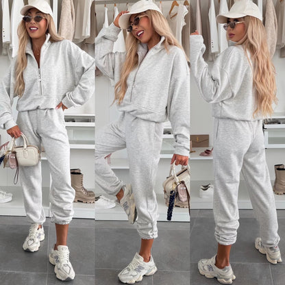 Damen sportliches Fleece-Set mit halbem Reißverschluss und elastischem Bund Stalluxe