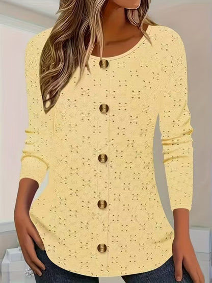 Damen Langarm Blusenshirt mit dekorativen Knopfdetails und filigranem Lochmuster Stalluxe Hellgelb