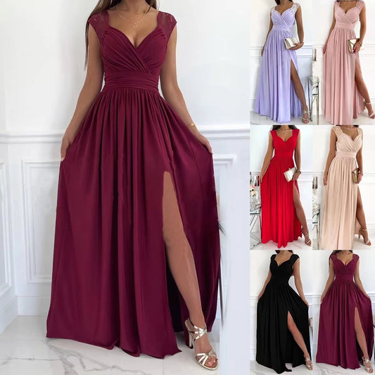 Damen elegantes Maxikleid mit Spitzenärmeln und seitlichem Schlitz Stalluxe