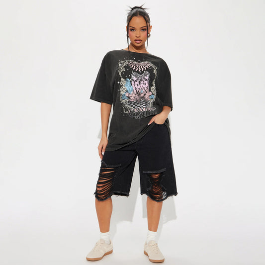 Damen Oversized T-Shirt mit kreativem GrafiKmotiv Stalluxe