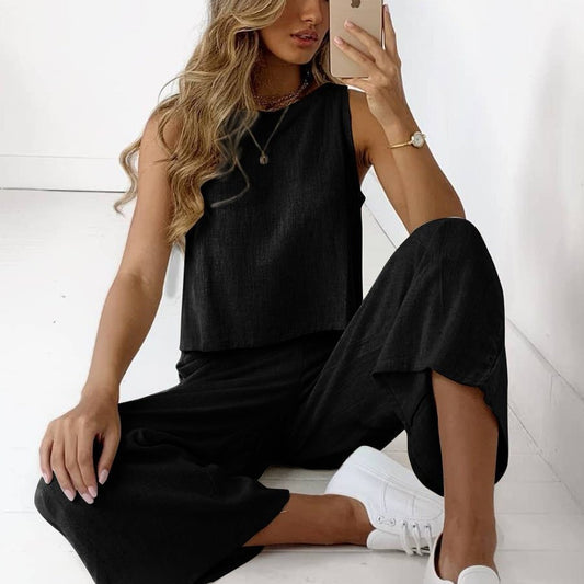 Damen Lässiges Zweiteiliges Set aus weichem Leinenstoff mit weitem Schnitt und elastischem Bund Stalluxe