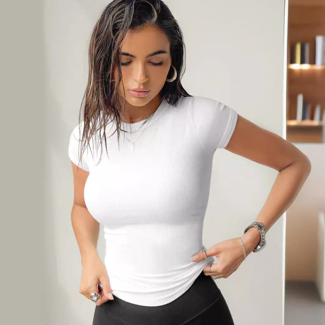 Damen figurbetontes Rippenshirt mit kurzen Ärmeln und Rundhalsausschnitt Stalluxe