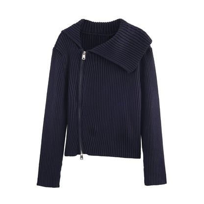 Damen modische Strickjacke mit breitem Kragen und asymmetrischem Reißverschluss Stalluxe