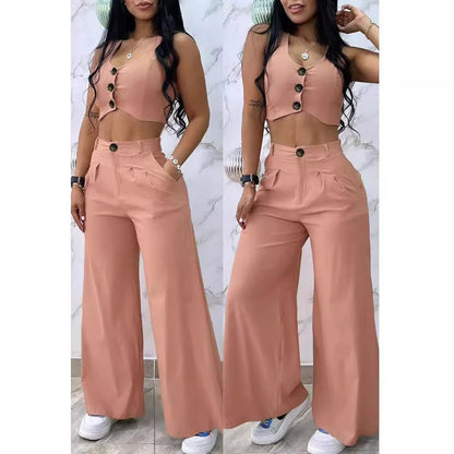 Damen Zweiteiliges Set mit weitem Bein und Knopfdetails Stalluxe