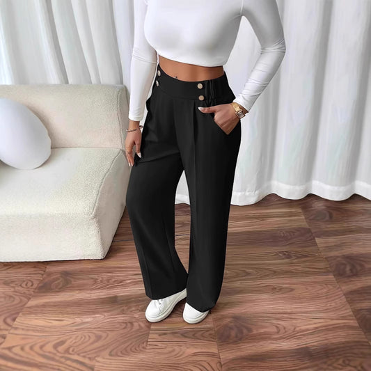 Damen Hoch taillierte Palazzo-Hose mit seitlichen Taschen und dekorativen Knopfdetails Stalluxe