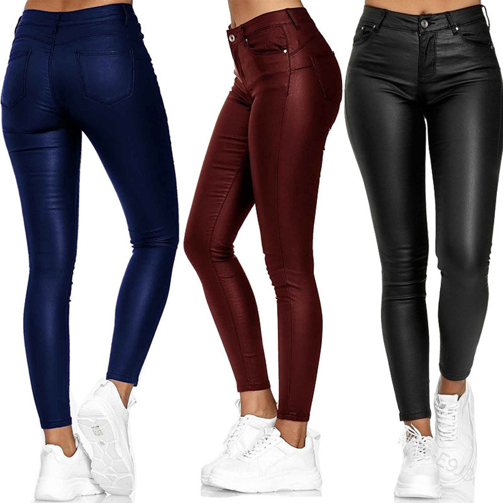 Damen Hochgezogene Skinny Jeans im Lederlook mit Taschen Stalluxe