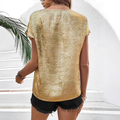 Damen Glänzendes V-Ausschnitt Kurzarm-Top Stalluxe