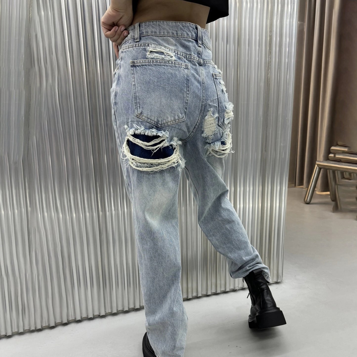 Damen Wide-Leg-Jeans mit Destroyed-Details und hohem Bund Stalluxe