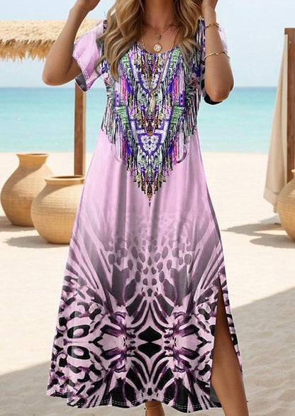 Damen Strandmaxikleid mit einzigartigem Ethno-Design und seitlichen Schlitzen Stalluxe Violett