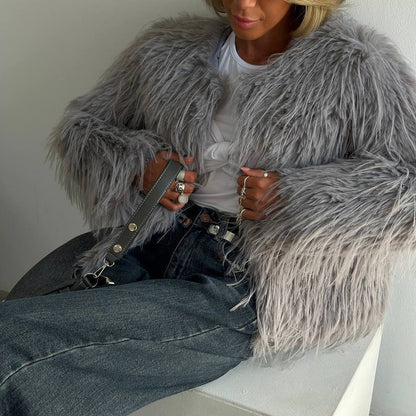 Damen Modischer Pelzimitat-Jacke mit breiten Ärmeln und lässigem Schnitt Stalluxe Grau