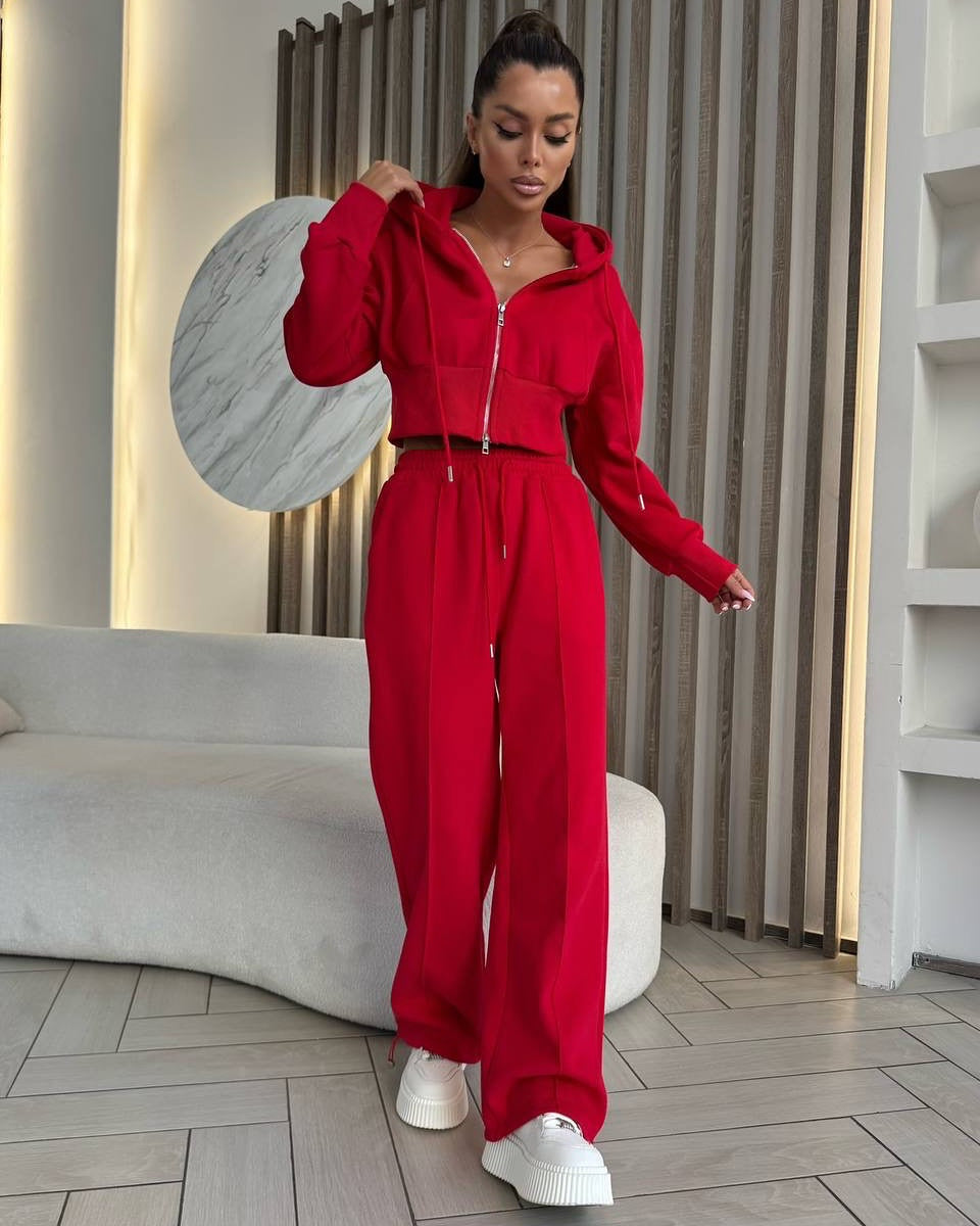 Damen sportliches Cropped Sweat-Set mit elastischem Bund und hohen Taschen Stalluxe