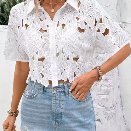 Damen luftige Bluse mit floralem Häkelmuster und geschlossenen Knopfleisten Stalluxe