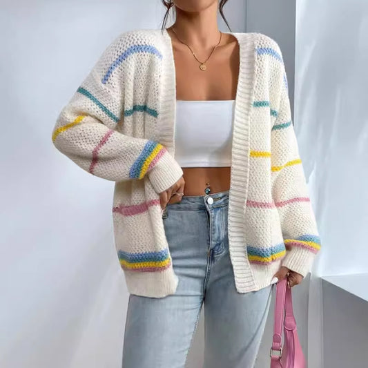Damen Strickjacke mit buntem Streifenmuster und lässigem Schnitt Stalluxe