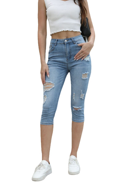 Damen Denim Caprihose mit distressed Details und hohem Bund Stalluxe