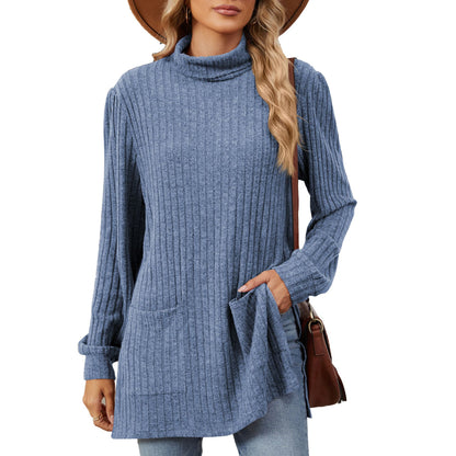 Damen elegantes Oberteil aus strukturierter Strickware mit Stehkragen und Seitentaschen Stalluxe