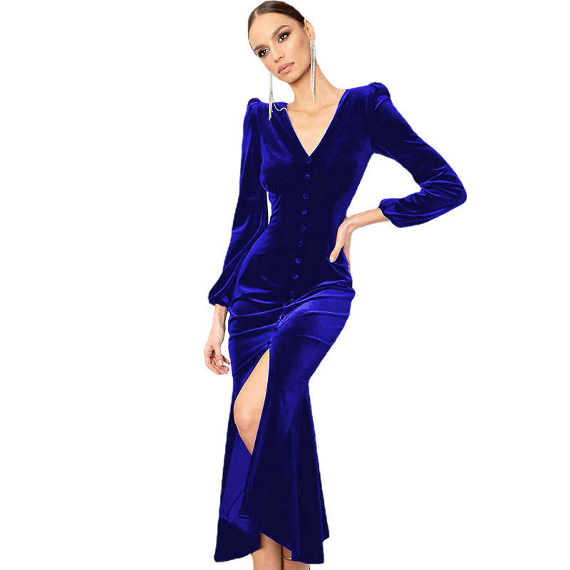 Damen Elegantes Maxikleid mit tiefem V-Ausschnitt und Knopfdetail Stalluxe