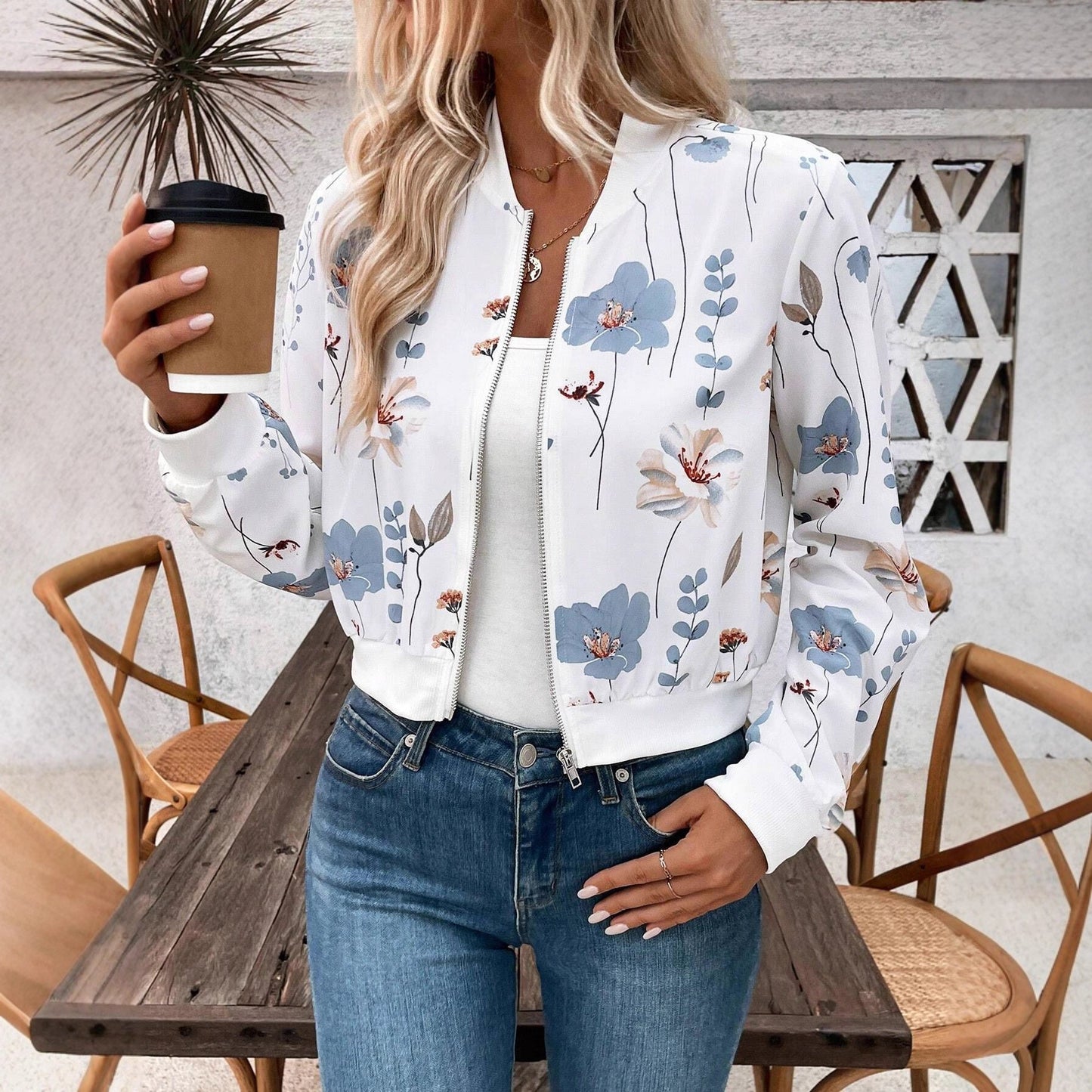 Damen Bomberjacke mit floralem Design und elastischen Bündchen Stalluxe