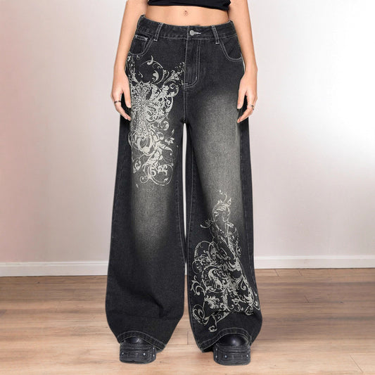 Damen weite Jeans mit kunstvollem Druck Stalluxe