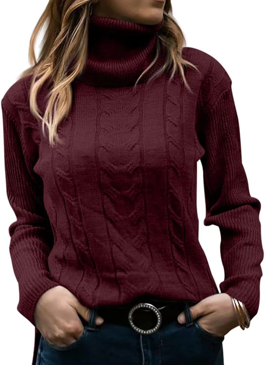 Damen Strickpullover mit hohem Kragen und strukturiertem Zopfmuster Stalluxe