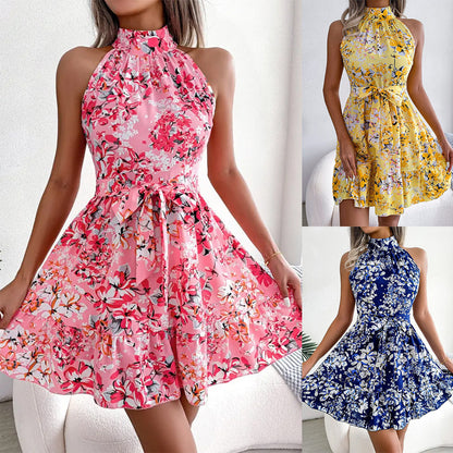 Damen ärmelloses Blumenkleid mit Rüschen und hochgeschlossenem Design Stalluxe