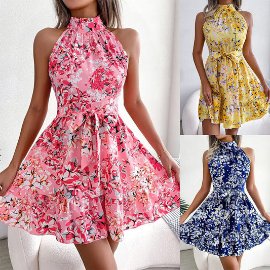Damen ärmelloses Blumenkleid mit Rüschen und hochgeschlossenem Design Stalluxe